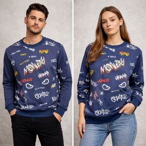 Size M - Mebius Men’s Graphic Crewneck Sweatshirt Blue Streetwear